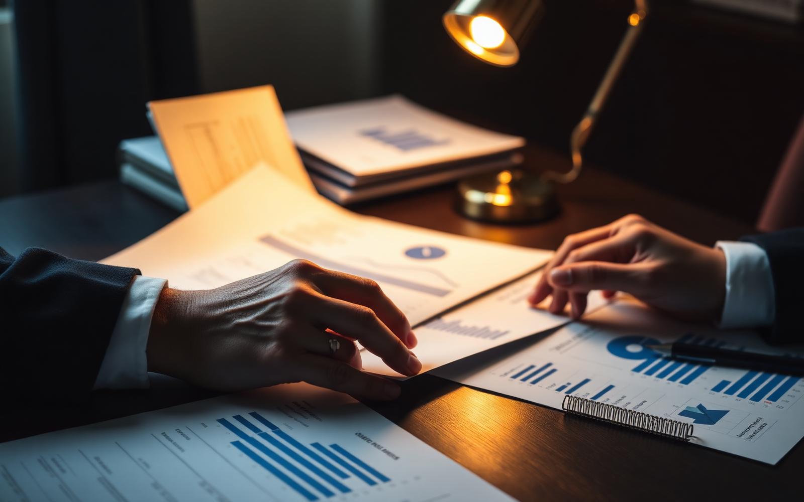 Financial documents under a warm desk lamp